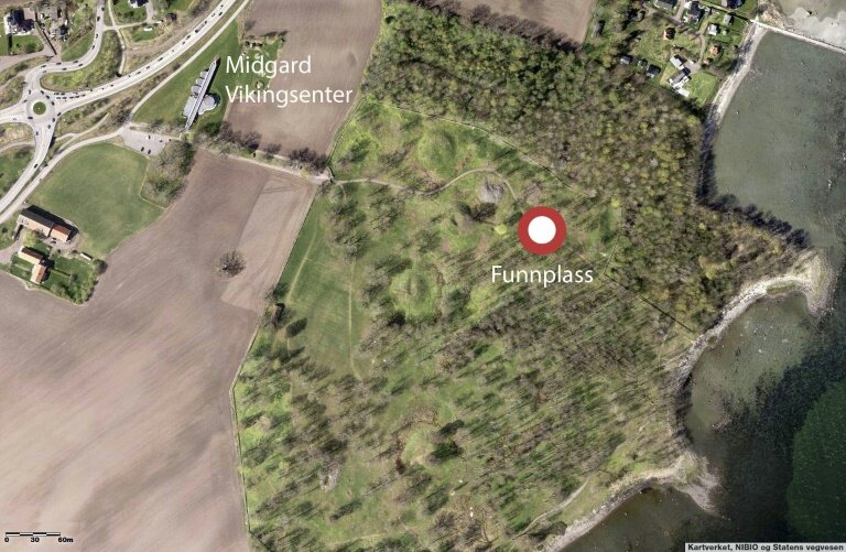 This handout picture released on March 25, 2019 by Vestfold Fylkeskommune shows Funnplass, where a ship's grave probably originated from the Viking Age has been discovered on a plain among the burial mounds in Borreparken in Vestfold, eastern Norway