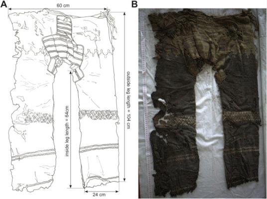 Front view of the woollen trousers (find number: 2003SYIM21:19, after Xinjiang, 2011) from the Yanghai site, tomb M21; (A) drawing: U. Beck; (B)