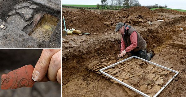 The 85m by 85m (278ft x 278ft) foundations date back to 99 AD and were discovered beneath a crop in a field near Broughton