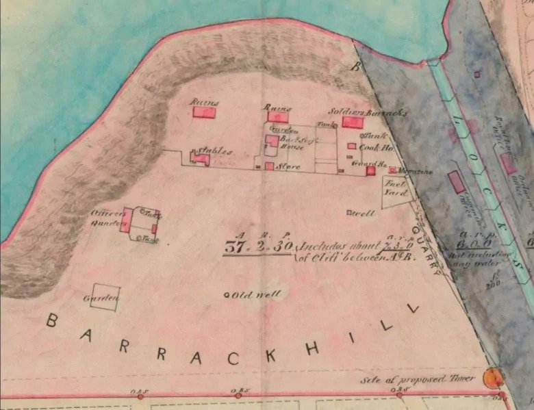 An 1853 map of Barrack Hill — now known as Parliament Hill — shows where the soldiers' barracks, officers' quarters, stables and guardhouse used to be.