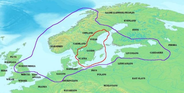 The kingdom of Ivar (outlined in red) and the territories paying him tribute (outlined in purple).