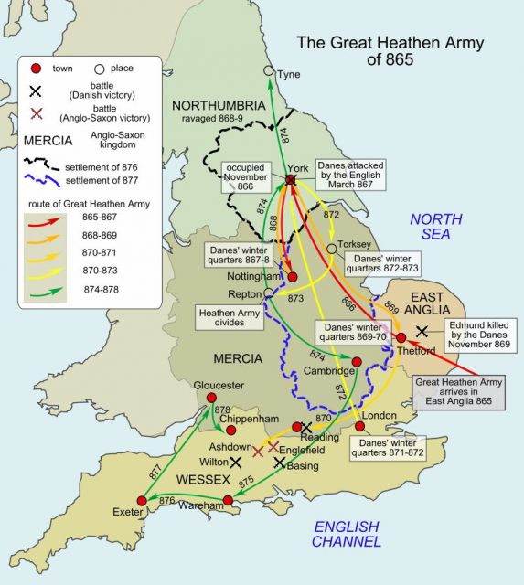 A map of the routes taken by the Great Heathen Army from 865 to 878.