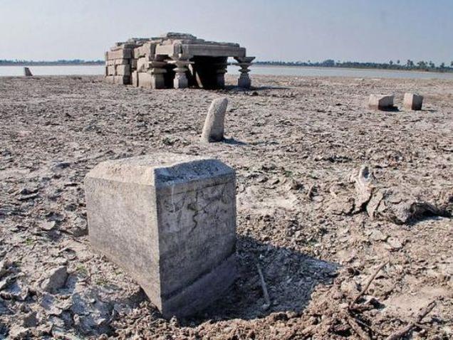 Swamy temple that had submerged under Udyasamudram reservoir a decade ago at Panagal in Nalgonda district.