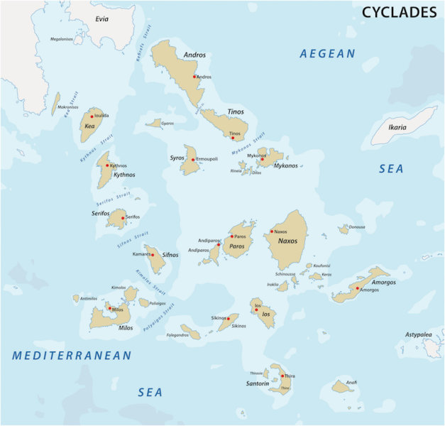 Map of Greek islands in the Aegean Sea showing Naxos in the center