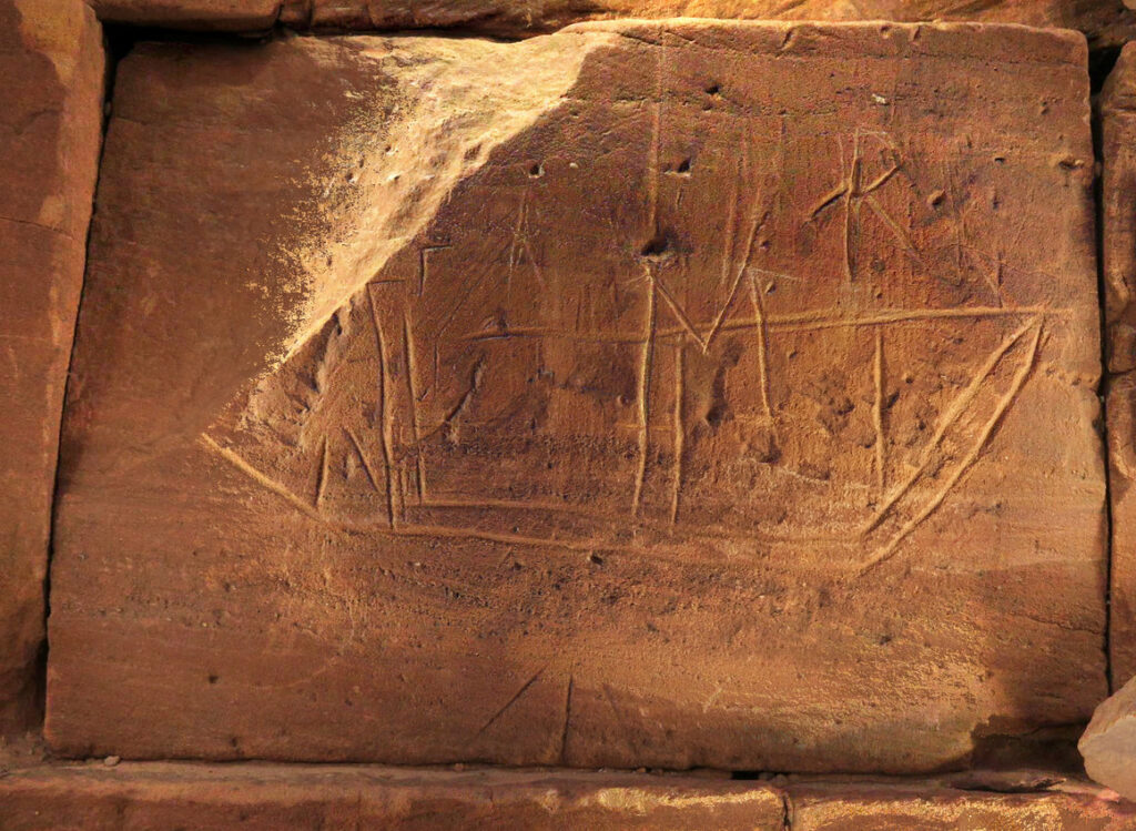 One of the numerous boats on the pyramid walls, likely made by a Christian pilgrim.