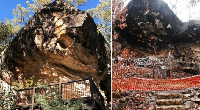 The aftermath of fire damage to important rock art at the Baloon Cave tourist destination, Carnarvon Gorge, Queensland, Australia