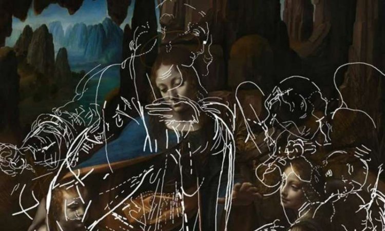 A tracing of the lines relating to the underdrawing for the first composition, amalgamating the information from all the different technical images (superimposed over the visible painting).