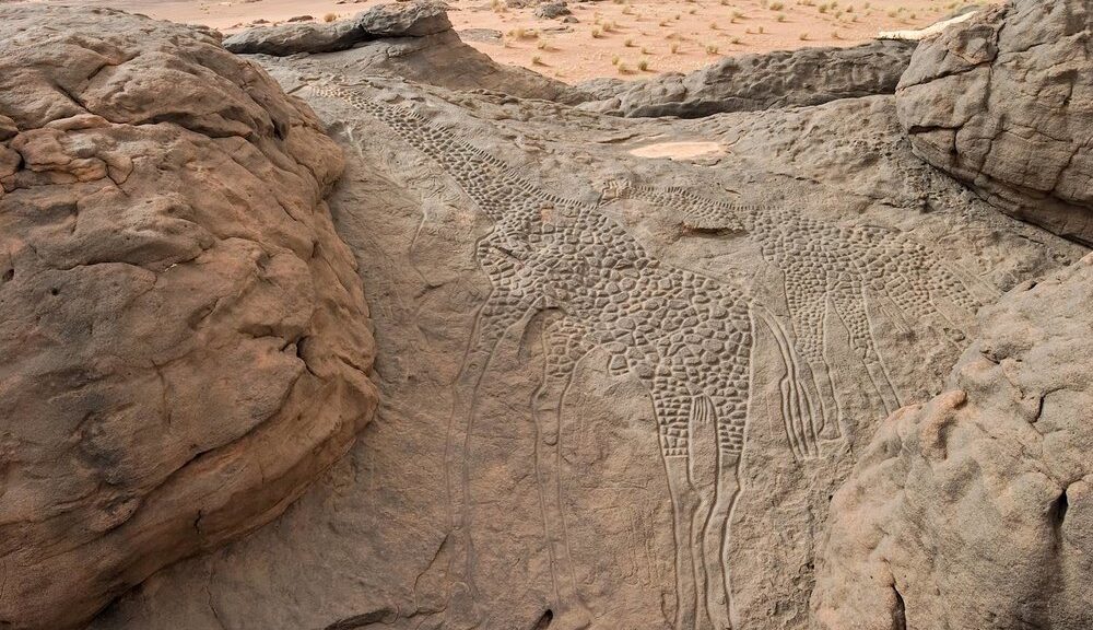 Rock art of a Giraffe dabous niger dated at Approximately 9,000 years ago