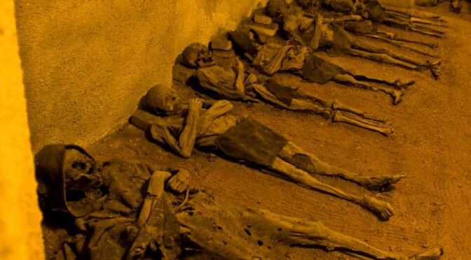 Mummified monks and the accidentally interred, in a 17th-century crypt.