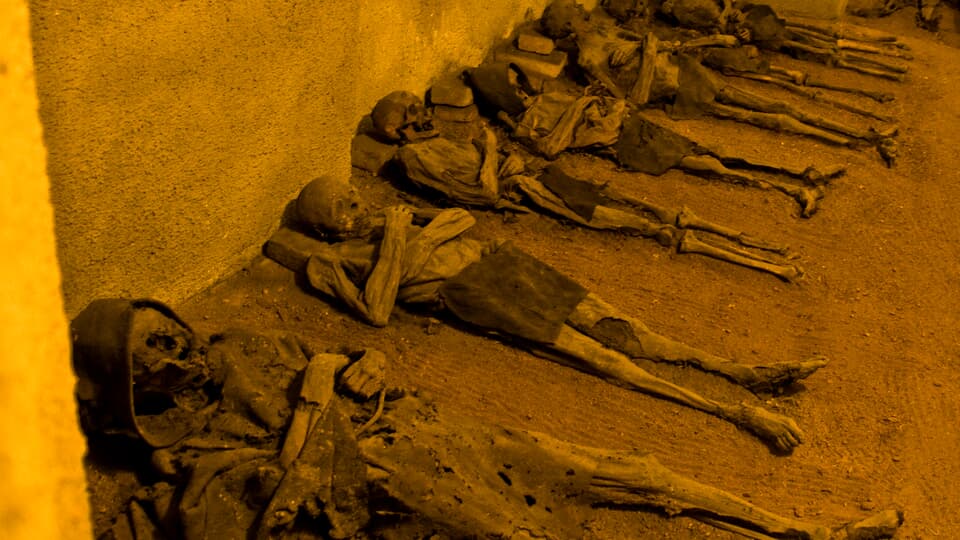 Mummified monks and the accidentally interred, in a 17th-century crypt.