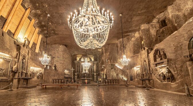Inside an ancient Polish salt mine that has underground lakes, fully carved chapels, and chandeliers made of salt
