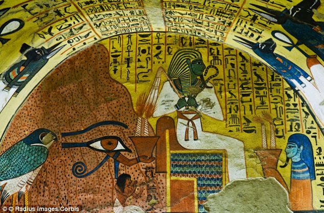 Gateway to the afterlife? The underground structure is situated in the middle of what was a processional route joining the Nile with the Osireion - the temple dedicated to Osiris - which is one of the greatest findings of Oxyrhynchus. The god is pictured in this painting in theTomb of Pashedu in Luxor, Egypt alongside - Orus, the hawk god protector of Osiris
