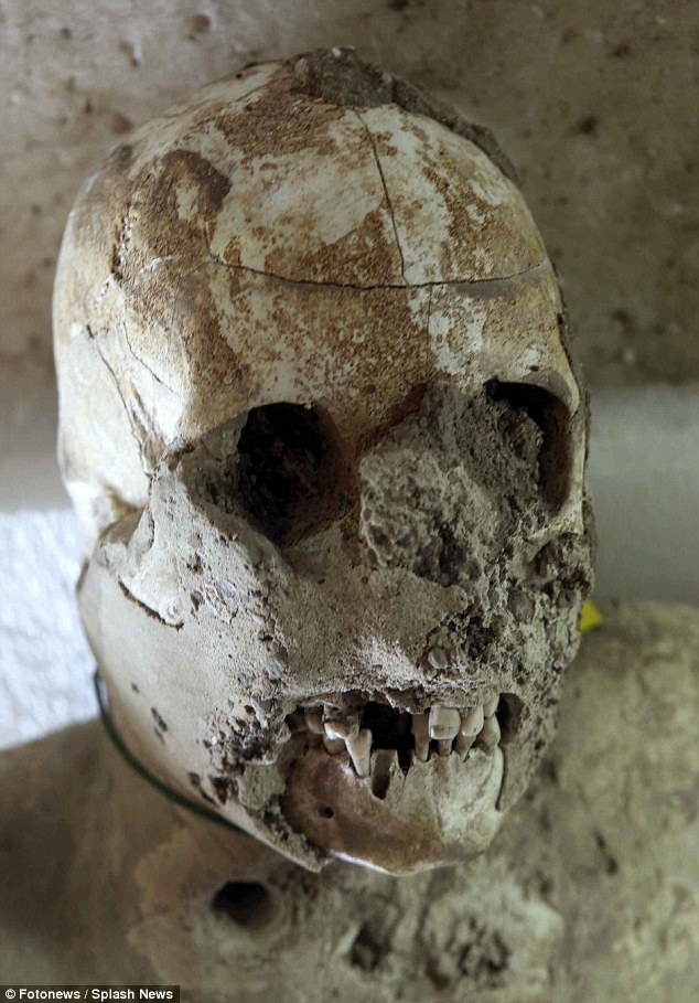 The perfectly-preserved settlement was discovered by accident in the 18th century, buried under 30ft (9 metres) of ash. Archaeologists were amazed to find human remains inside the voids. Plaster of Paris was poured inside to create casts of humans, and when this material is broken it reveals bones inside (shown)