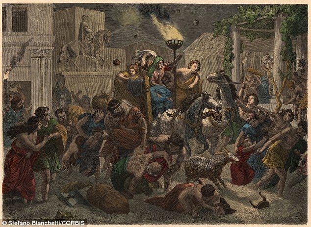 Roman writer, Pliny the younger, described the panic during the eruption of Mount Vesuvius. Terrified Romans (illustrated) living in the towns of Pompeii and Herculaneum saw ‘sheets of fire and leaping flames’ as they ran through dark streets carrying torches with pumice stone raining down upon them, he said