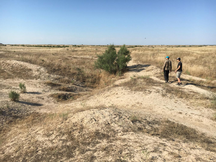 Researchers investigate an abandoned medieval canal, Otrar oasis, Kazakhstan.