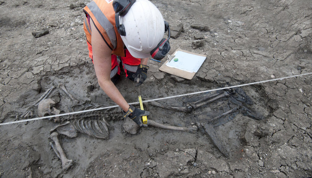 Archaeologists discover a medieval skeleton with his boots still on in London