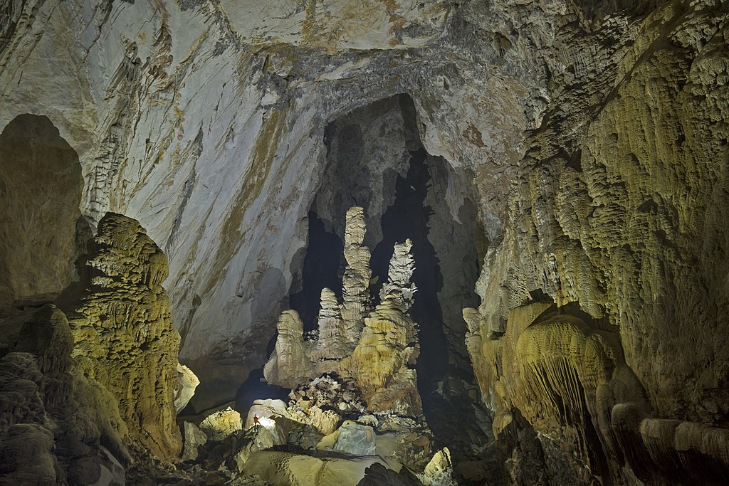 Large stalagmites in the passage of Hang Son Doong in Vietnam. The tallest has been measured at 70 meters in height.
