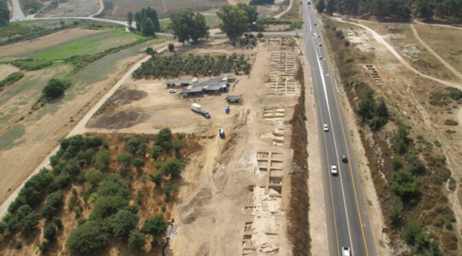 Aerial view of the excavations at Ein Tzipori during the 2012 season. Looking east, with Field I to the left and Field II to the right of Road 79.