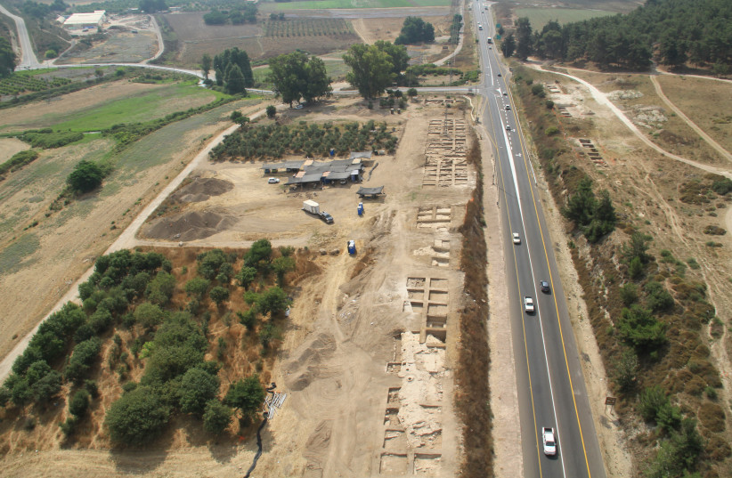 Aerial view of the excavations at Ein Tzipori during the 2012 season. Looking east, with Field I to the left and Field II to the right of Road 79.