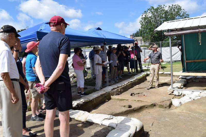 Colonial Williamsburg Director of Archaeology Jack Gary answers questions about the burial excavation process following the ancestral blessing ceremony held at the Nassau Street Site of First Baptist Church on Monday. Courtesy of Let Freedom Ring Foundation