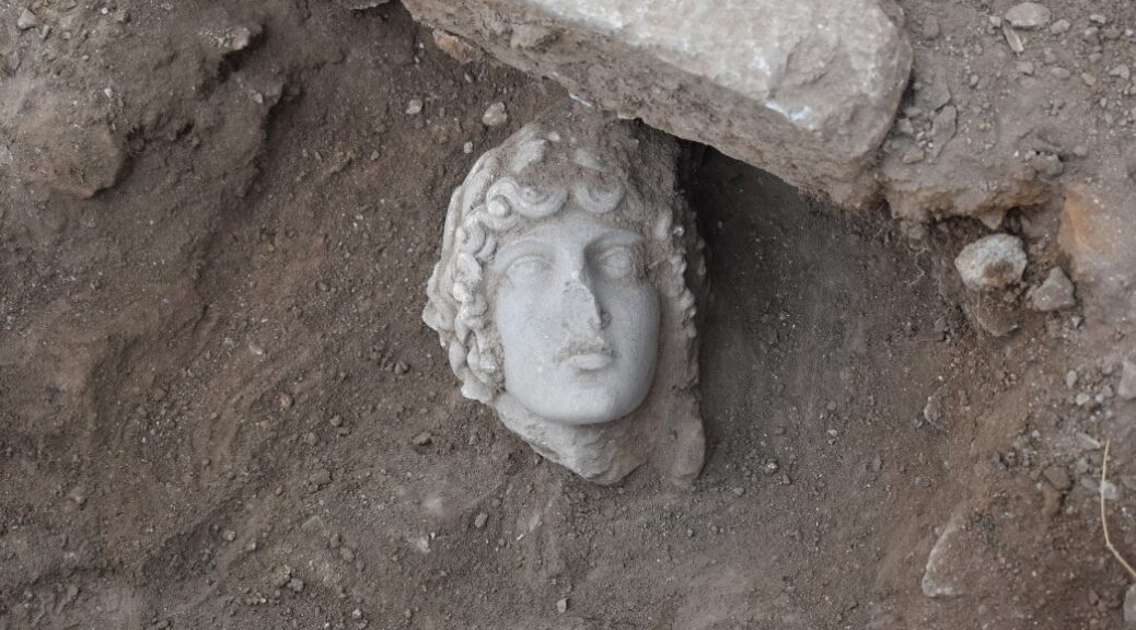 The marble head of God Apollo unearthed in an excavation at Philippi, Greece