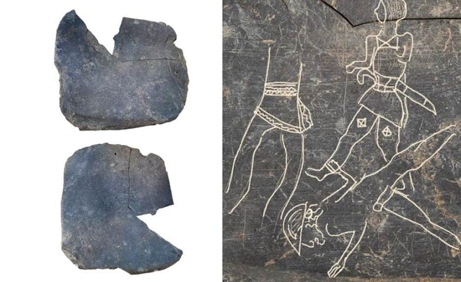 Scenes of Warriors from 6th Century BC on a Slate Plaque Discovered at Tartessian Site in Spain